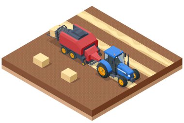 Isometric Traktörler biçme, tırmıklama, Baling Hay. Tahıl hasadından sonra saman yığınları. Sarı büyük kare balyalı traktör