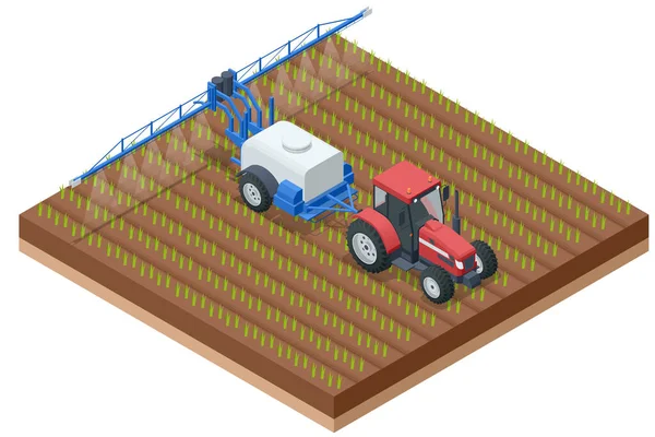 Isometrischer Traktor Der Pestizide Auf Feld Versprüht Insektizide Herbizidchemikalien Der — Stockvektor