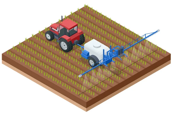 Isometric Traktör tarlada böcek ilacı püskürtüyor. Zirai tarım alanında böcek ilacı kimyasalları.
