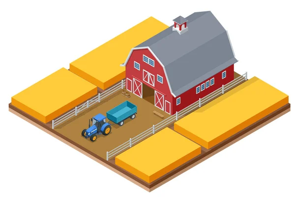 Tarımsal Traktörü Olan Isometric Farm Binası Ekili Tarlalar Tarım Buğday — Stok Vektör