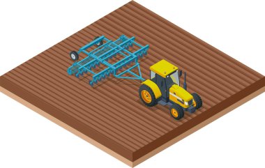 Isome Tarımsal Tarım Üreticisi. Tarımcı, ikincil tarlalarda kullanılan bir tarım ekipmanıdır. Traktör tohum ekiciyle toprağı hazırlıyor..