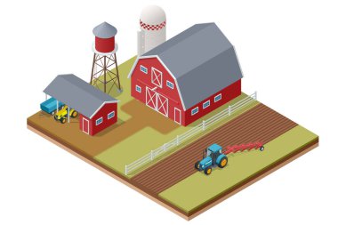 Tarımsal traktörü olan Isometric Farm binası, ekili tarlalar. Tarım buğday tarlası