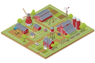 Isometric tarım çiftlik binaları, yel değirmeni ahırı ve silo saman bahçesi yatakları ve traktör. Çekmek, tarımsal makineleri itmek, karavanlar, sürme, sürme, disk atma, yıpratma, ekme
