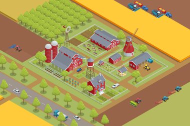 Isometric tarım çiftlik binaları, yel değirmeni ahırı ve silo saman bahçesi yatakları ve traktör. Çekmek, tarımsal makineleri itmek, karavanlar, sürme, sürme, disk atma, yıpratma, ekme