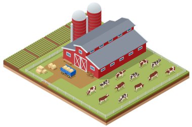 Isometric tarım çiftlik binaları, yel değirmeni ahırı ve silo saman bahçesi yatakları ve traktör. Çiftlikteki inekler. Çiftlikteki süt inekleri.