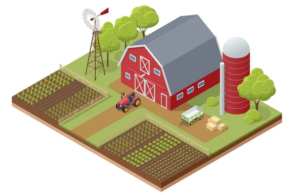 Isometric Agricultural Farm Buildings Windmill Barn Silo Sheds Hay Garden — Stock Vector