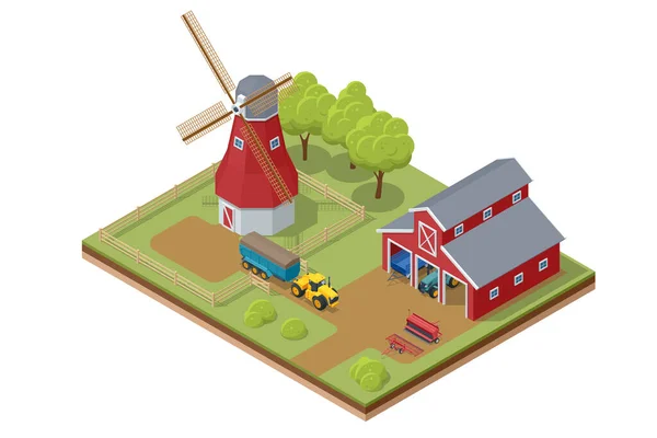 Isometric Agricultural Farm Buildings Windmill Barn Silo Sheds Hay Garden — Stock Vector