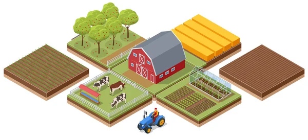 等距农业农场建筑 风车谷仓和筒仓 花园床和拖拉机 推动农业机械 农场里的奶牛 — 图库矢量图片