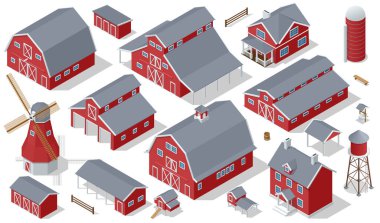 Çiftlik Elementleri Isometric Set. Ahır, Kır Evi, Yel değirmeni, Sera, Rüzgar Türbini, Tarım ve Çiftlik, Çiftlik Çiftliği.