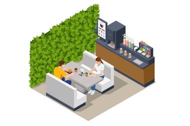 Isometric self-servis kahve makineleri sürekli kaliteli kahve sunar. Süpermarkette kahve makinası, sandalyeli masalar.