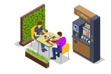 Isometric self-servis kahve makineleri sürekli kaliteli kahve sunar. Süpermarkette kahve makinası, sandalyeli masalar.
