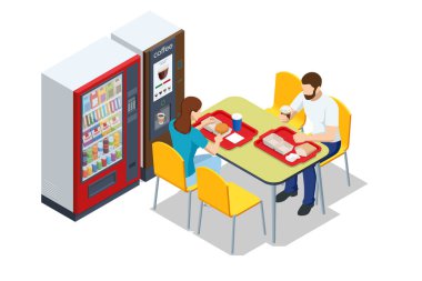 Isometric self-servis kahve makineleri sürekli kaliteli kahve sunar. Süpermarkette kahve makinası, sandalyeli masalar.