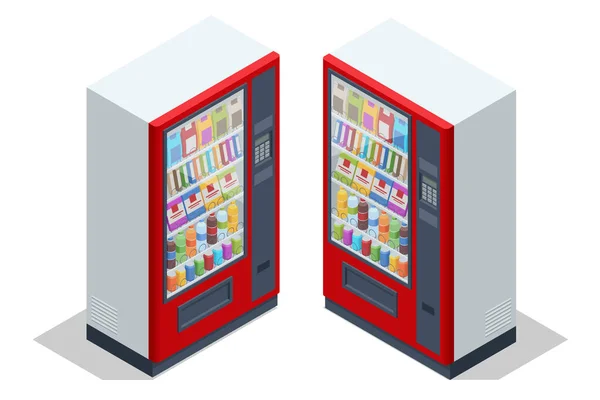 Isometric vending machines. Vending machines full of beverages and snacks.