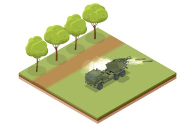 Tekerlekli iniş takımında Isometric roket salvo yangın sistemi. Roket topçuları. Taktiksel balistik füze. - Savaş. Hafif çoklu roket fırlatıcı geliştirildi.