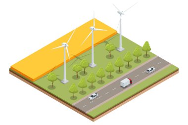 Isometric Green enerji endüstrisi. Rüzgar türbinleri elektrik üretiyor sürdürülebilir yenilenebilir enerji. Rüzgar Türbinleri Çiftliği