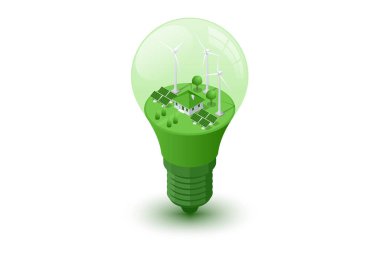 Isometric Green enerji endüstrisi. Rüzgar türbinleri elektrik üretiyor sürdürülebilir yenilenebilir enerji. Rüzgar Türbinleri Çiftliği