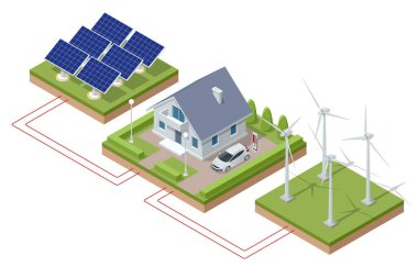 Isometric Green energy industry. Smart city with wind turbines, solar panels, tank containers and battery. Sustainable renewable power Wind turbines generating electricity.