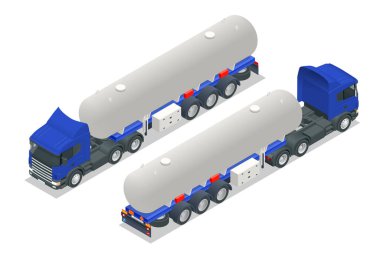 Isometric Tanker kamyonu. Petrol tankeri, petrol kamyonu, beyaz sarnıç, beyaz arka planda izole edilmiş petrol karavanı. Benzin tankeri, petrol karavanı..