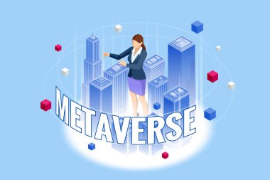 Isometric gelecekteki dijital teknoloji siber oyun eğlence metaevreleri. VR sanal gerçeklik gözlüğü.