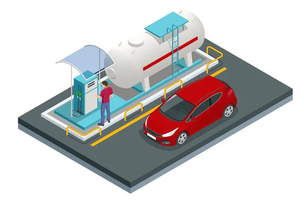 Isometric Column Hose Refueling Car Refueling Car Fill Liquefied Gas — 图库矢量图片