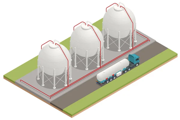 Isometric Gaz Depolama Tankları Beyaz Küresel Propan Tankları Yakıt Boru — Stok Vektör