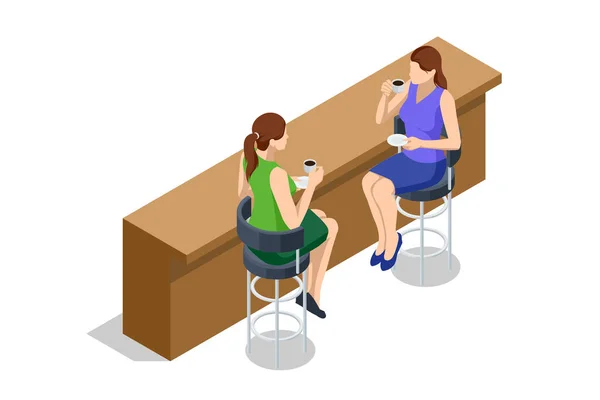 Isometric Girls Seating Cafe Wooden Bar Counter Coffee Shop Patio — стоковый вектор