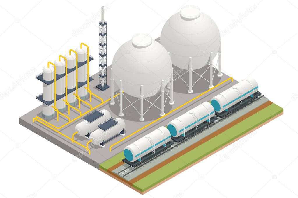 Isometric Gas storage tanks. White spherical propane tanks. Containing fuel gas pipeline