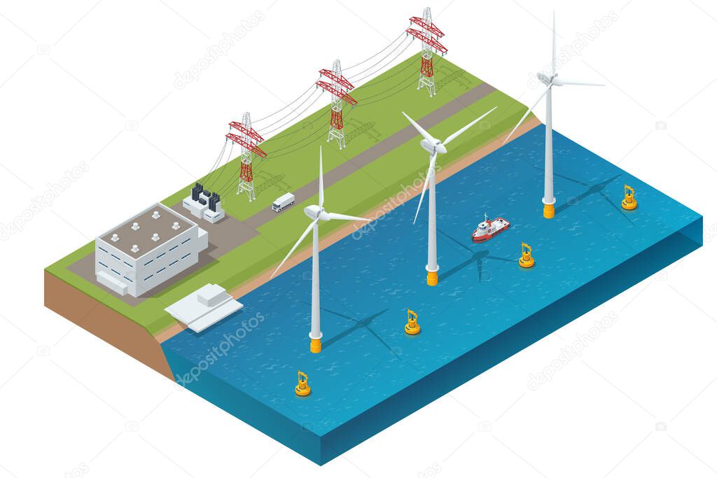 Isometric Green energy industry. Wind turbines generating electricity Sustainable renewable power and a wave power station is a power station located in a water environment