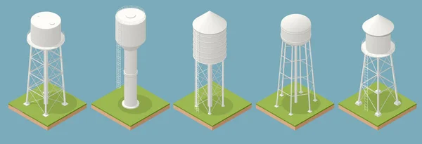 Isometric Icons Set Water Towers Water Tank Constructed Height Sufficient — Vector de stock