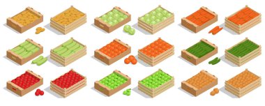 Fresh vegetable and fruits. Isometric fruits and vegetables in wooden boxes isolated on white.