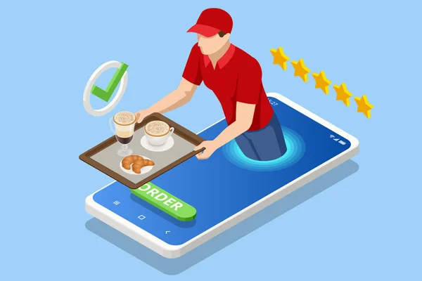 Isometric Online Meal Ordering Coffee Fast Delivery Delivery Guy Thru — Vector de stock