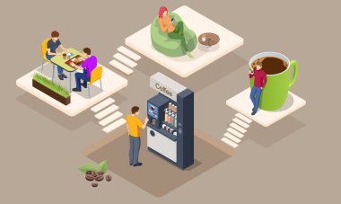 Isometric coffee time concept. Self-service coffee machines offer consistent quality coffee. Vending machine with coffee in the supermarket