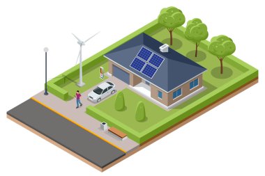 Isometric Modern House with Solar Panels and Wind Turbines. Green Eco House. Energy Effective House.