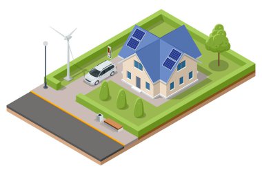 Isometric Modern House with Solar Panels and Wind Turbines. Green Eco House. Energy Effective House.