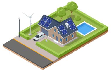 Isometric Modern House with Solar Panels and Wind Turbines. Green Eco House. Energy Effective House.