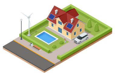 Isometric Modern House with Solar Panels and Wind Turbines. Green Eco House. Energy Effective House.