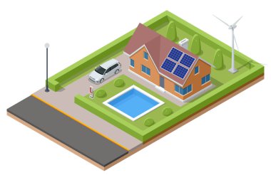 Isometric Modern House with Solar Panels and Wind Turbines. Green Eco House. Energy Effective House.