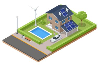 Isometric Modern House with Solar Panels and Wind Turbines. Green Eco House. Energy Effective House.