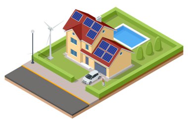 Isometric Modern House with Solar Panels and Wind Turbines. Green Eco House. Energy Effective House.