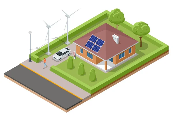 Isometric Modern House Solar Panels Wind Turbines Green Eco House — Vector de stock