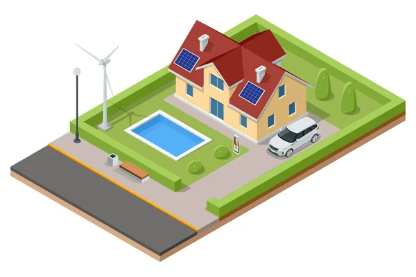 Isometric Modern House Solar Panels Wind Turbines Green Eco House — Stockvector