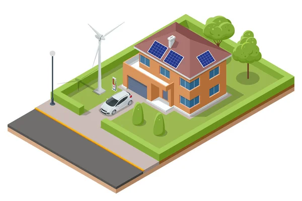 Isometric Modern House Solar Panels Wind Turbines Green Eco House — Stockvector