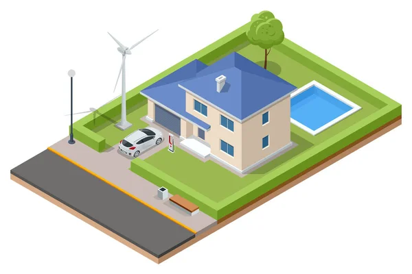 Isometric Modern House Solar Panels Wind Turbines Green Eco House — Stok Vektör