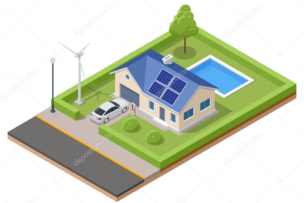 Isometric Modern House with Solar Panels and Wind Turbines. Green Eco House. Energy Effective House.
