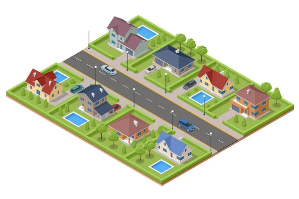 Isometric own street with private houses, gardens, cars. Modern house with terrace and pool, Suburban and village houses, homes.