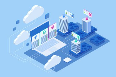 Isometric hiring and recruitment concept. File manager, data storage and indexing. Human resources, team composition, team configuration, teamwork