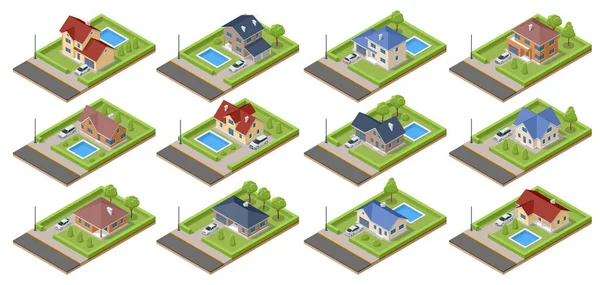 Isometric Set Private Houses Villas Cottage Cottage Small Town House — Vettoriale Stock