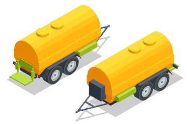 Isometric yellow agriculture tank trailer or wheeled trailer with water tank.
