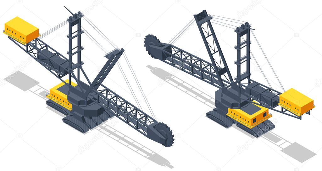 Isometric Bucket-wheel excavator. BWE, continuous digging machine in large-scale open-pit mining operations, removing thousands of tons of overburden. Bucket-wheel excavator mining lignite .