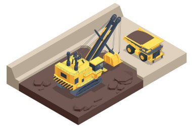 Isometric mining quarry, mine with large quarry dump truck and power shovel. Coal mine. Equipment for high-mining industry.